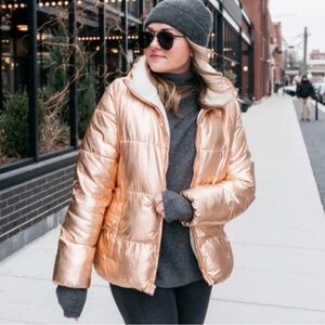 J.Crew Metallic Short Puffer Jacket Quilted Mock Neck Rose Gold Sz Small